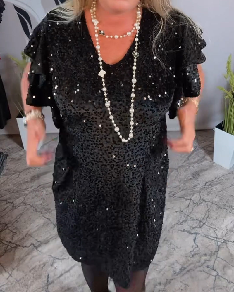 Jurk V-Hals Ruffle Mouw Fluweel Glitter