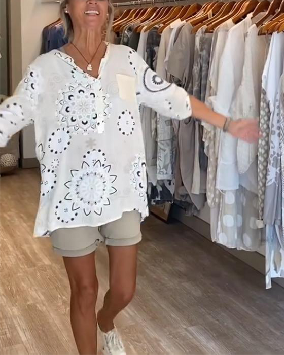 Blouse Veelzijdig V-Hals Bedrukt Halve Mouwen