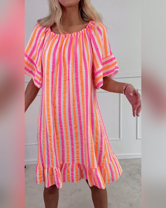 Jurk Ronde Hals Gestreept Geplooid Shift