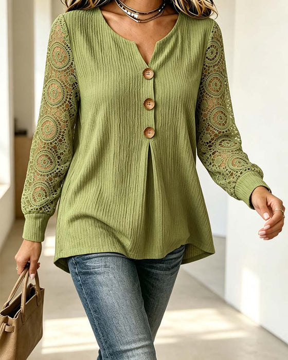 Blouse V-hals Knoopsluiting Lange Mouw