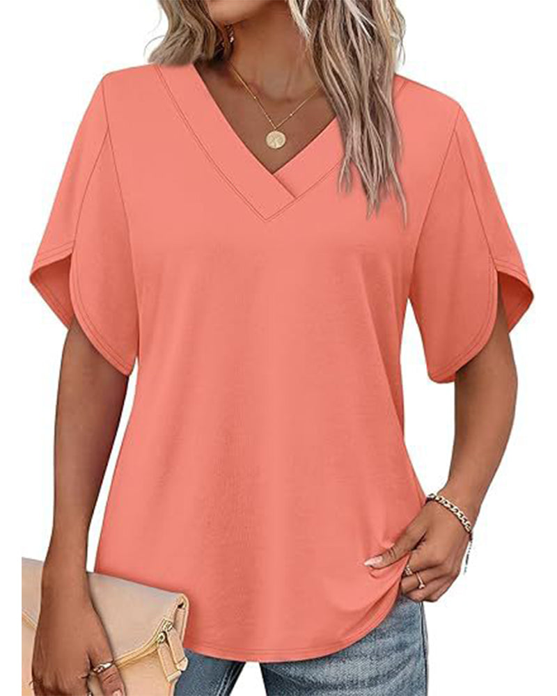 T-Shirt V-Hals Kleine Split Korte Mouw Effen