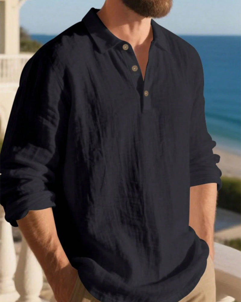 Overhemd Heren Lichtgewicht Los Linnen Lange Mouw Polo