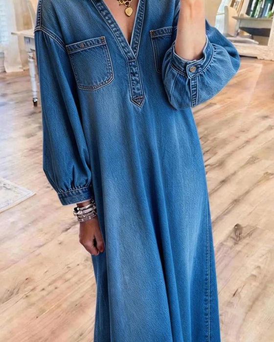 Jurk Denim Shirt Stijl Maxi