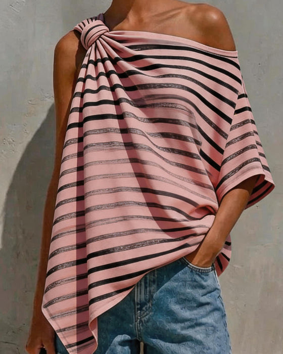 Blouse Gestreept Een-Schouder Twist Knoop