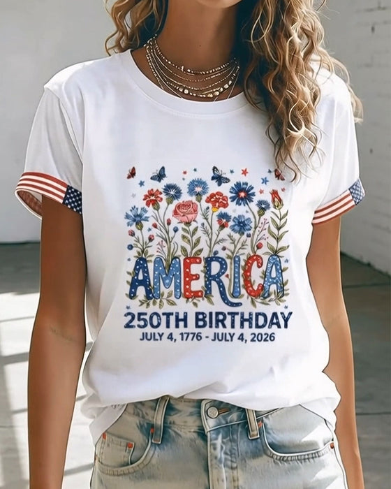T-Shirt Ronde Hals Letter Kleurrijk Bloemen Afdruk