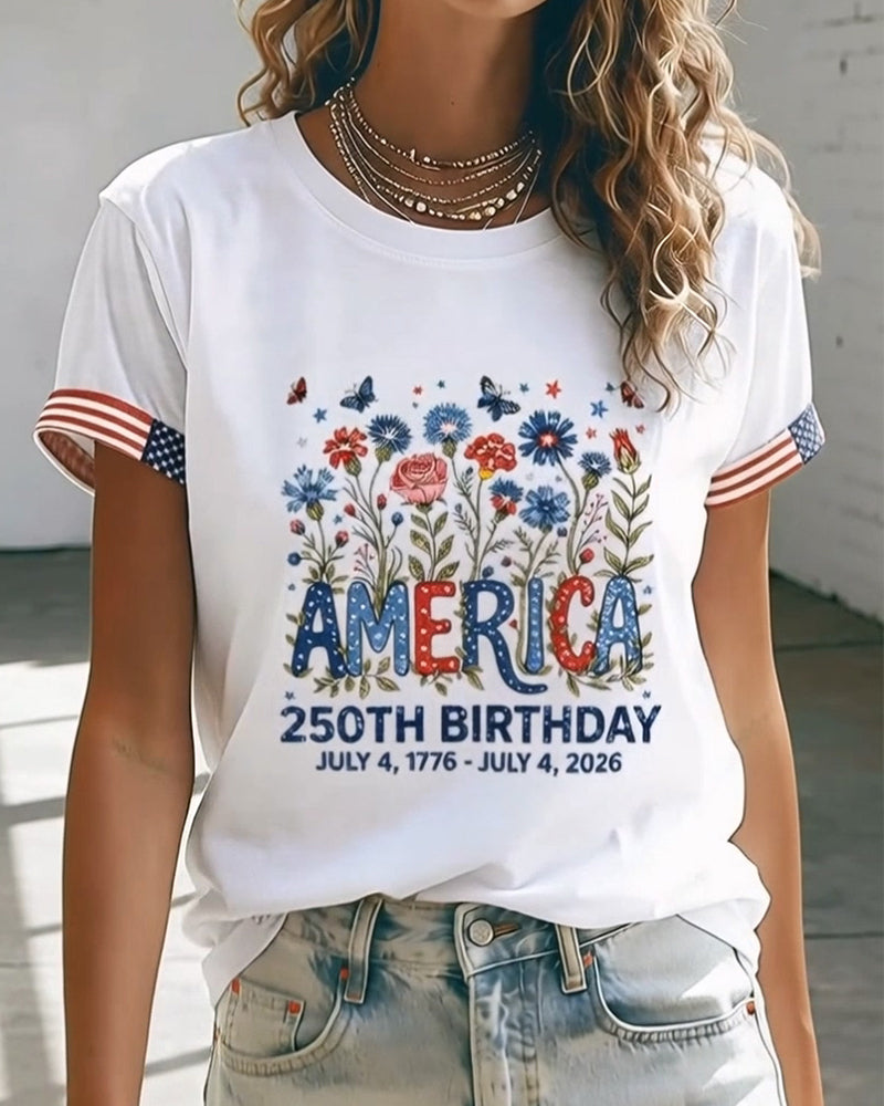 T-Shirt Ronde Hals Letter Kleurrijk Bloemen Afdruk