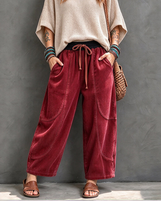 Broek Elastische Taille Kleurblok Cropped Wijd Been