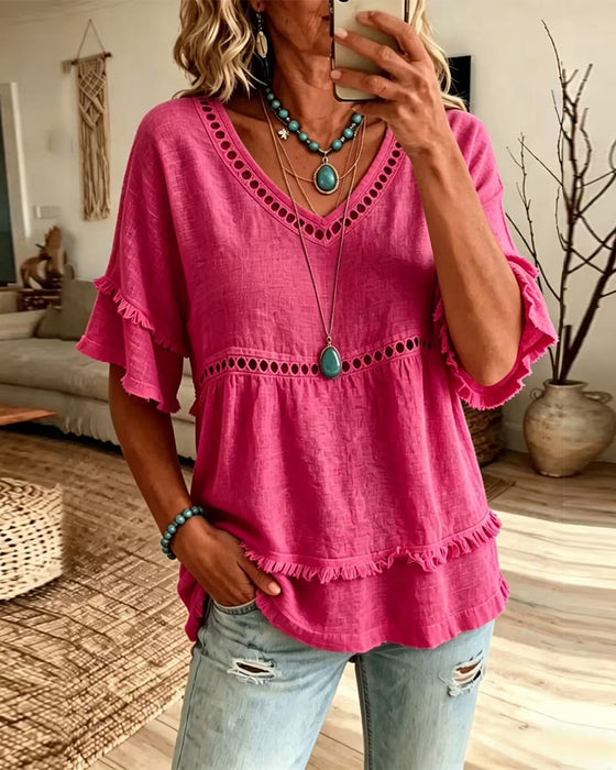 Blouse Uitsnijding Franjes V-Hals Uitlopende Mouw