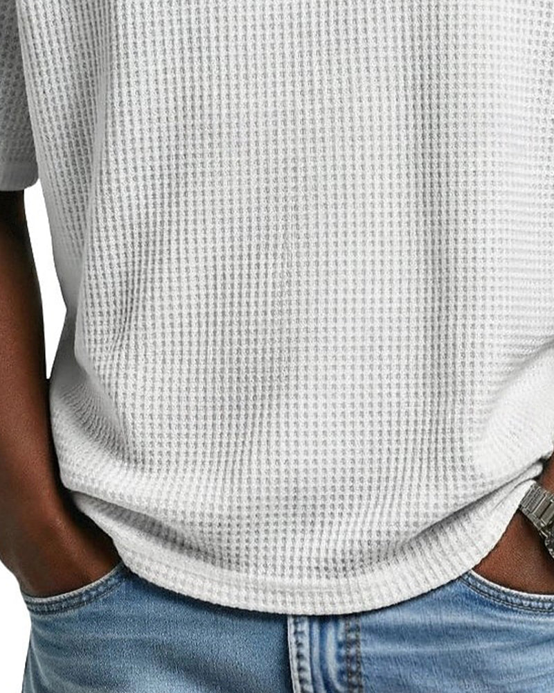 Heren V-Hals T-Shirt Met Wafelstructuur, Casual Short-Sleeve Top In Effen Kleur