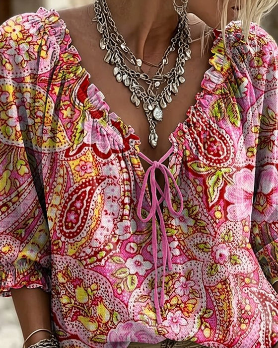 Blouse V-Hals Stropdas Afdruk Ballon Mouw
