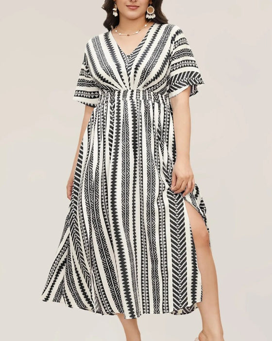 Jurk Diepe V Blauw Wit Geometrische Streep Taille