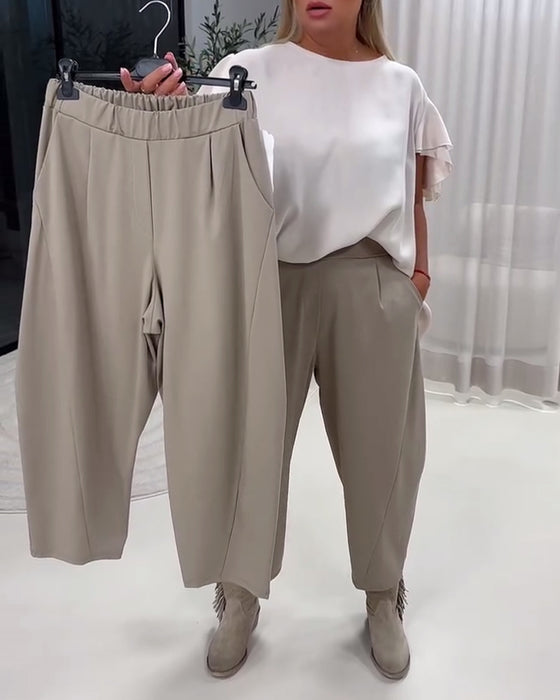 Modieuze Effen Kleur Broek Met Elastische Taille