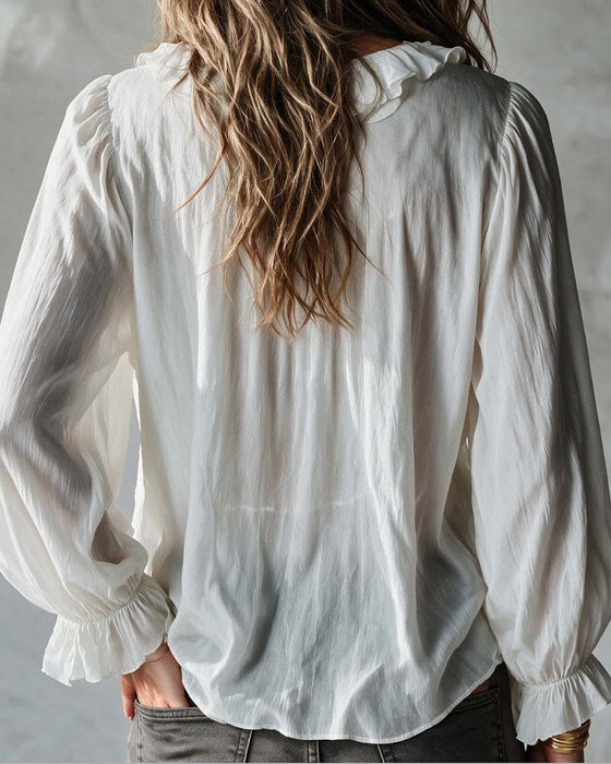 Blouse V-Hals Veters Ruches Lange Mouw