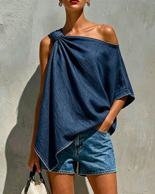 Blouse Denim Knoop Één Schouder