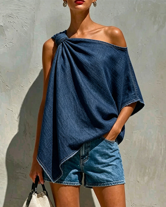 Blouse Denim Knoop Één Schouder