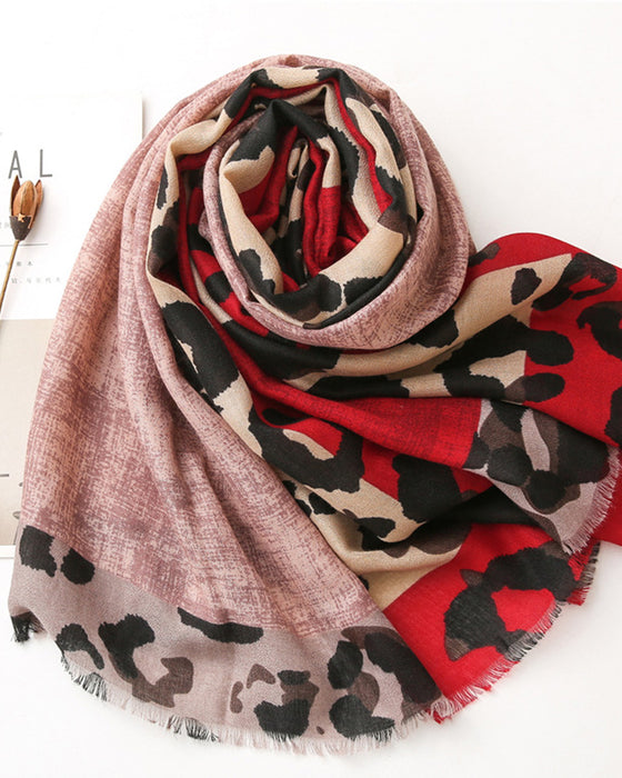 Dames Sjaal Luipaard Patchwork Print Franje Omslagdoek