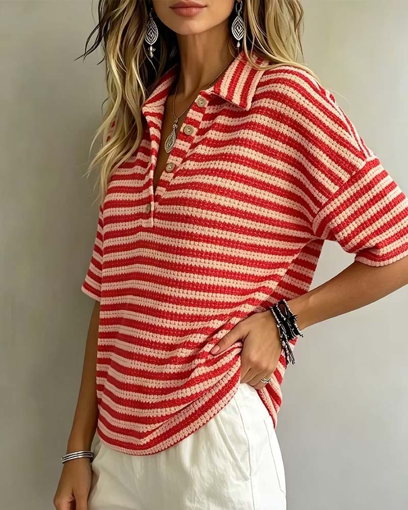Blouse Polo Kraag Gestreept Knoop Voor