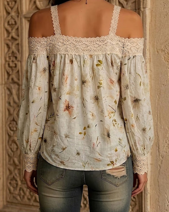 Blouse Bloemig Off-Schouder Kant Bandjes Lange Mouw