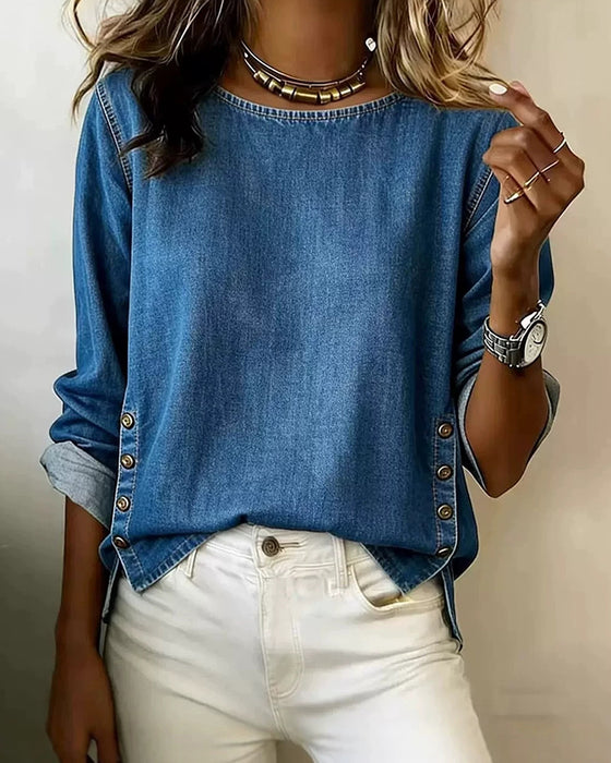 Blouse Ronde Hals Zijsplit Knoop