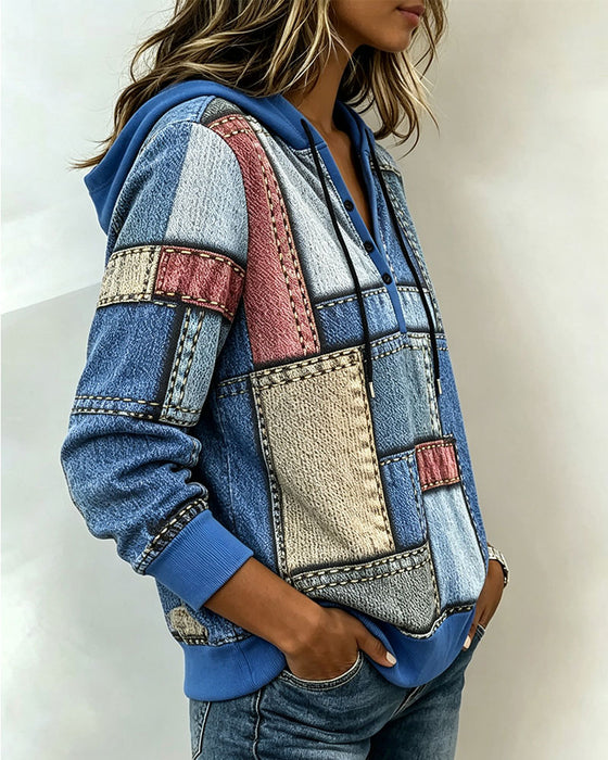 Hoodie V-Hals Kleurblok Knoop