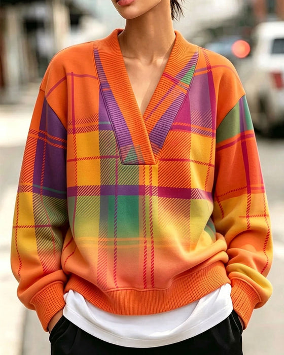 Sweatshirt V-Hals Ruit Casual