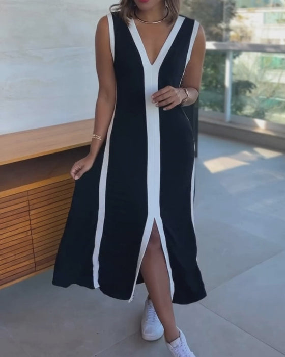 Jurk Color-Block Mouwloos Split Maxi