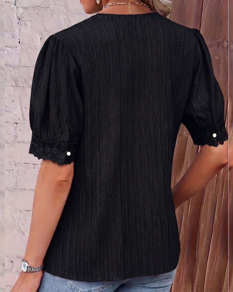 Blouse Kant Patchwork V-Hals Pof Mouw