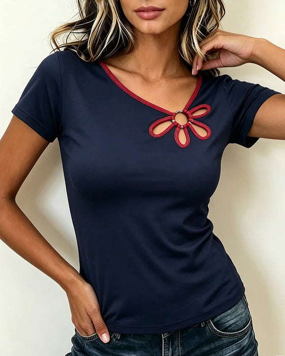 T-Shirt Bloemig Uitsnede Korte Mouw