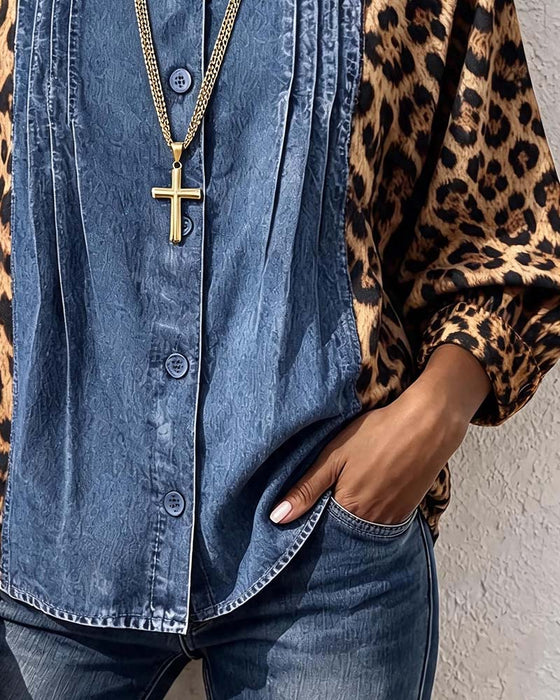 Blouse Ronde Hals Knoop Luipaard Denim Patchwork