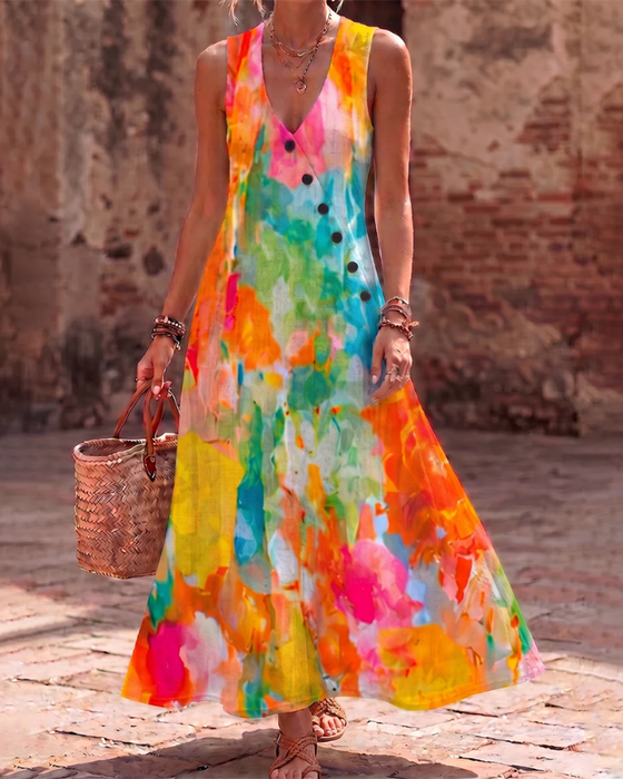 Jurk Mouwloos Aquarel Bloemig Elegant Maxi