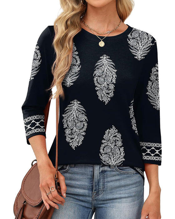 Top Gedrukt Driekwart Mouw Ronde Hals