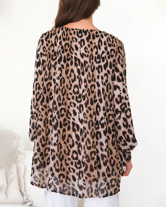 Blouse Ronde Hals Luipaard Onregelmatig Lantaarn Mouw