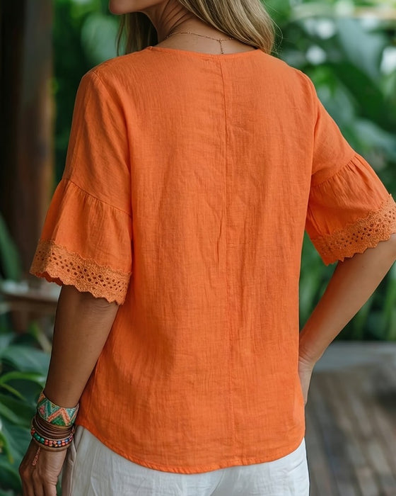 Blouse Kant Hollow Out V-Hals