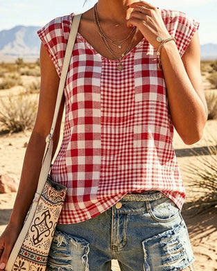 Tank Top V-Hals Geruit Patchwork Mouwloos