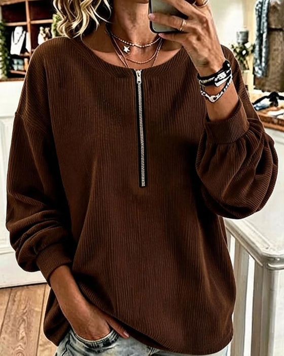 Sweatshirt Ronde Hals Rits Gestreept Drop Schouder