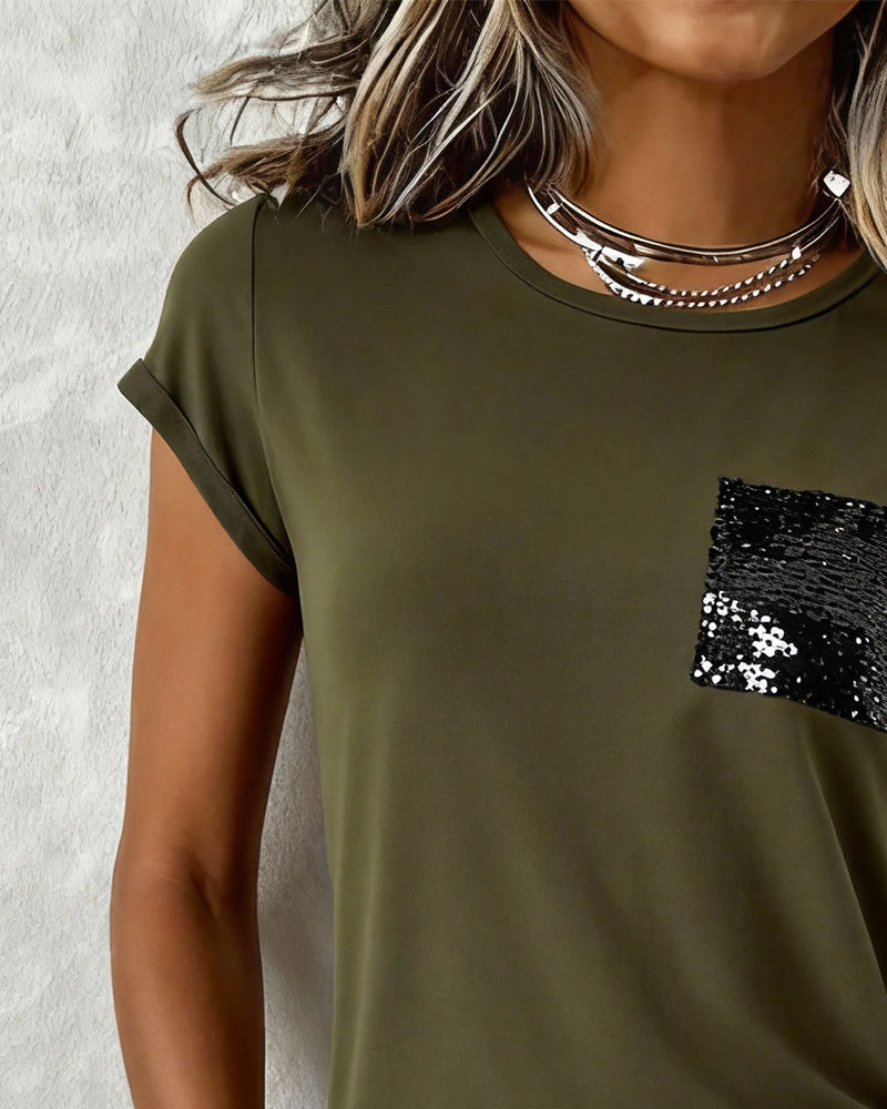 T-Shirt Crewhals Met Pailletten Effen Kleur