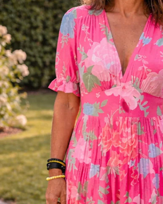 Jurk V-Hals Afdruk Hoge Taille Ballon Mouw