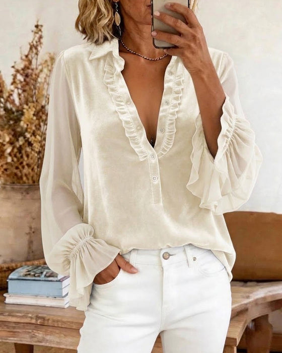 Blouse Fluweel Patchwork Gerimpelde Mouw