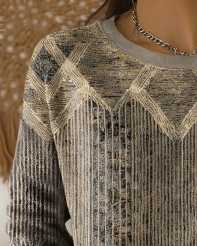 Retro Geprint Sweatshirt Met Ronde Hals