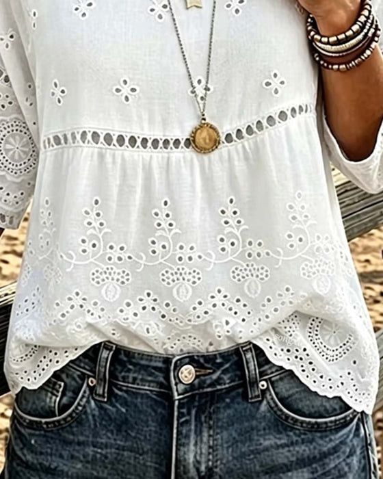 Blouse Rondhals Hollow Out Effen