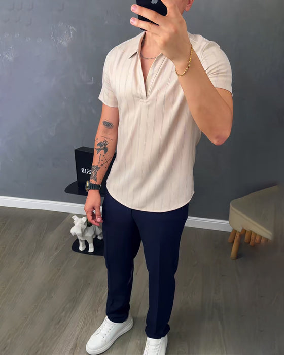 Heren Geribbelde Casual Polo-Kraag T-Shirt