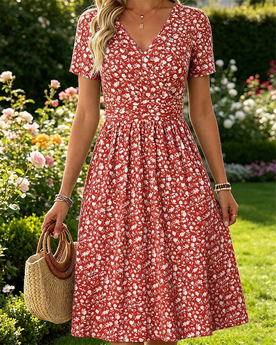Jurk V-Hals Korte Mouw Kleine Bloemen