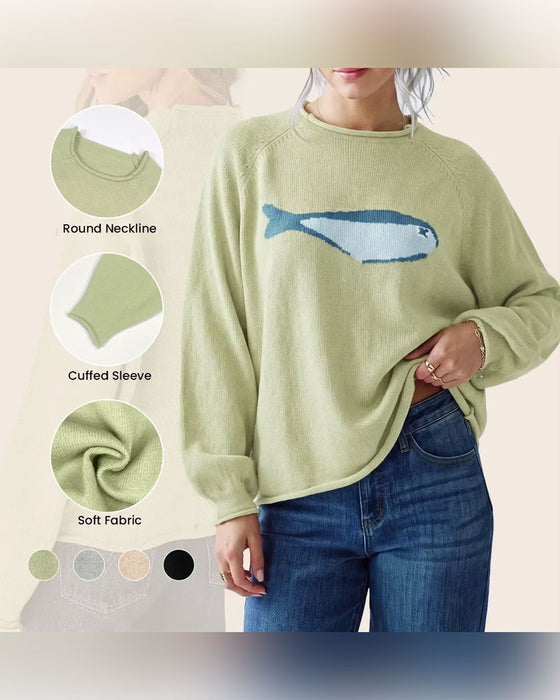 Pullover Ronde Hals Vis Print Drop Schouder