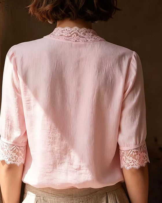 Blouse V-Hals Kant Patchwork Effen Driekwart Mouw