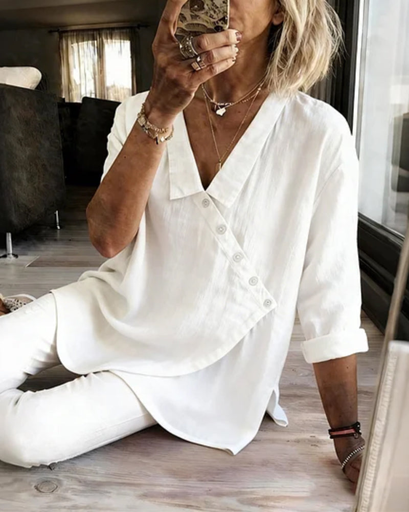 Blouse Met Asymmetrische Diagonale Knoopsluiting En Kraag