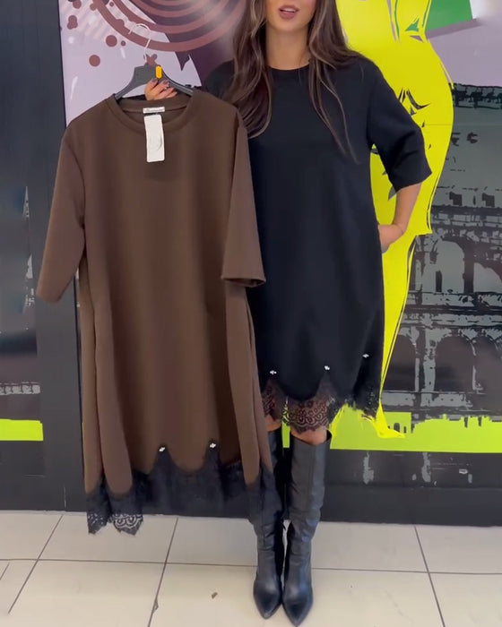 Jurk Elegant Kant Gespleten Ronde Hals