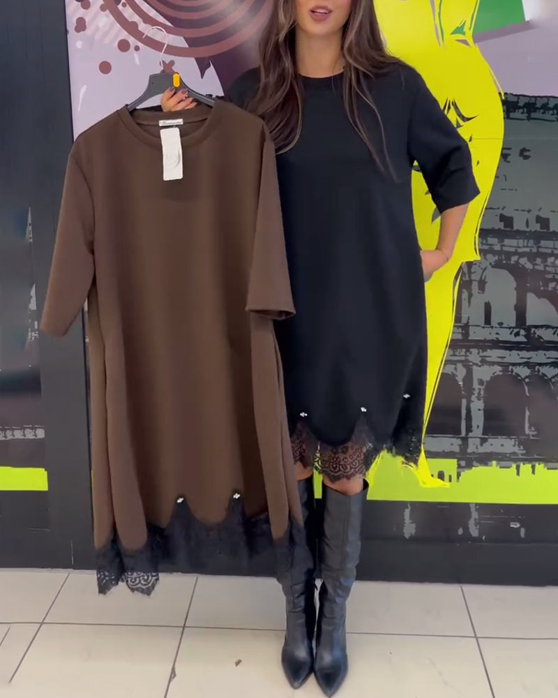 Jurk Elegant Kant Gespleten Ronde Hals