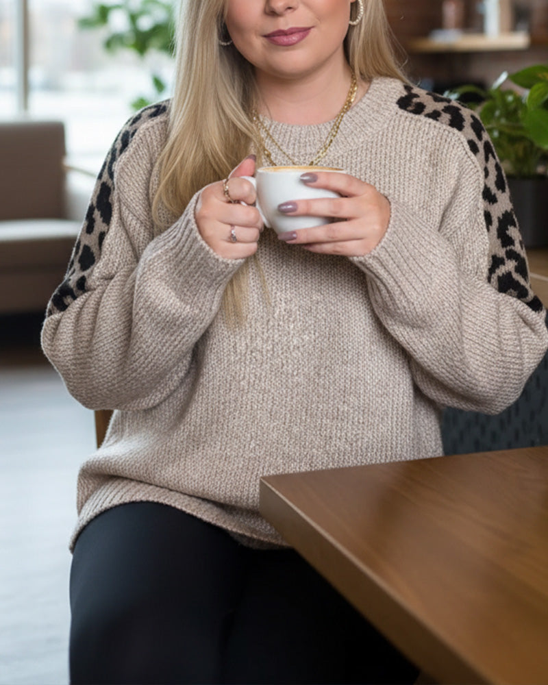 Trui casual ronde hals luipaardprint patchwork