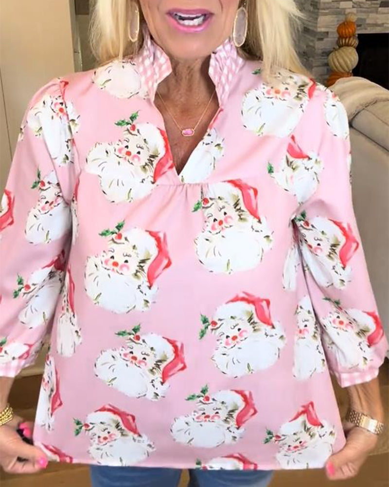 Blouse Met Kerstmanprint En V-Hals