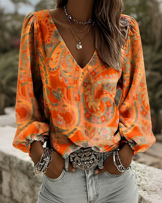 Blouse Met Patroon V-Hals Pofmouw